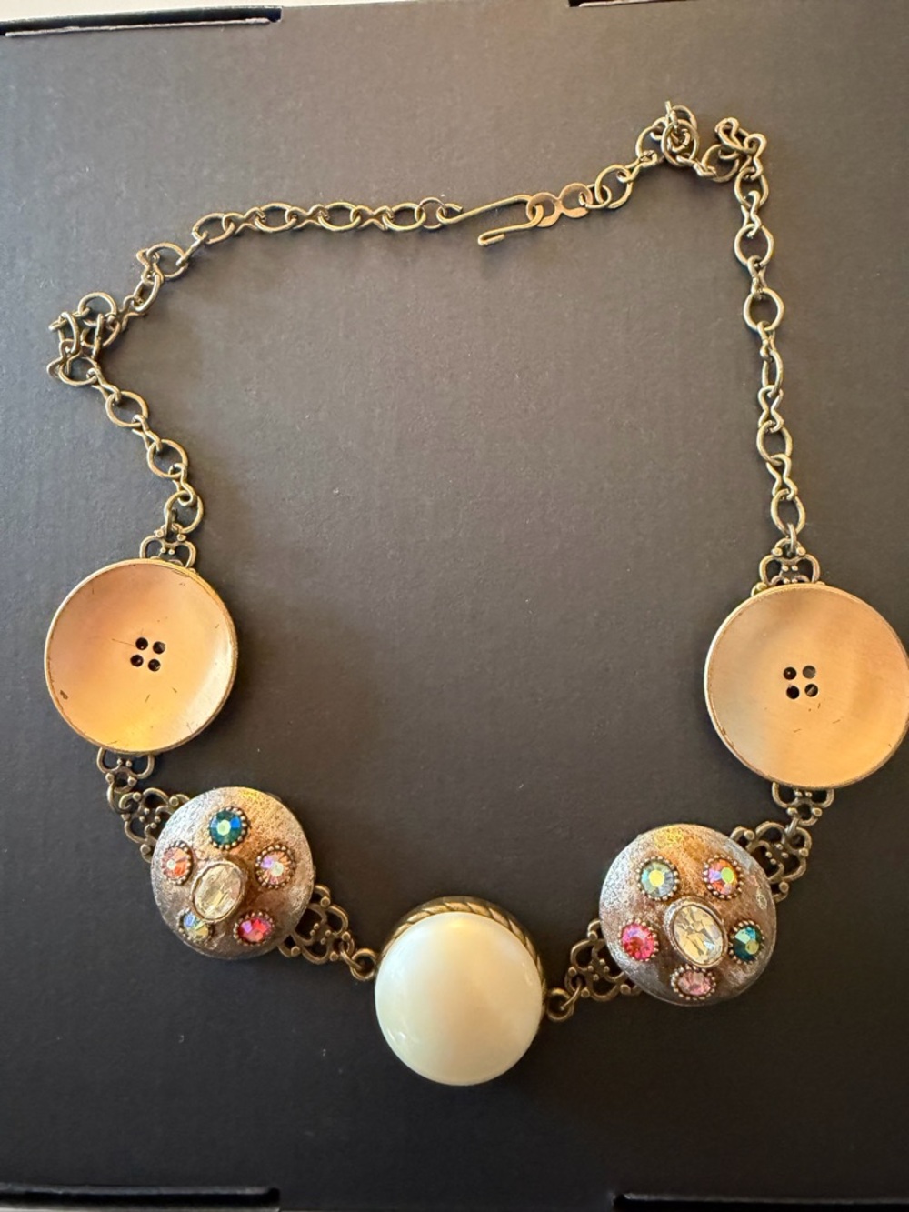 Gold-Tone Necklace with Cream Cabochon and Multicolor Crystal Accents